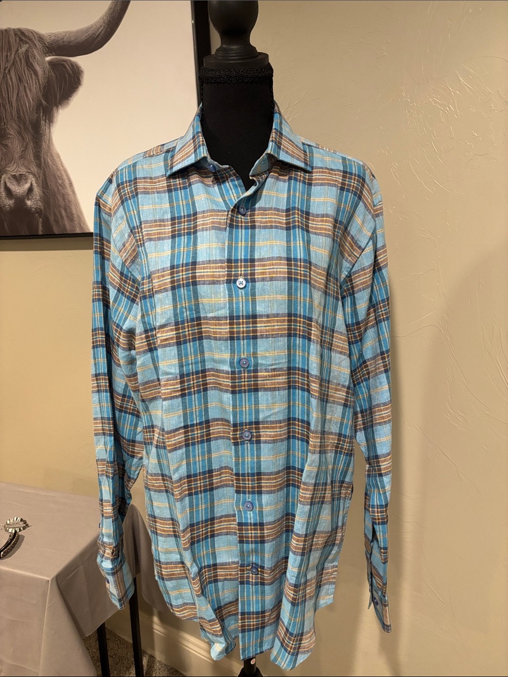 NWOT Robert Talbott Blue and Brown Plaid Linen Shirt